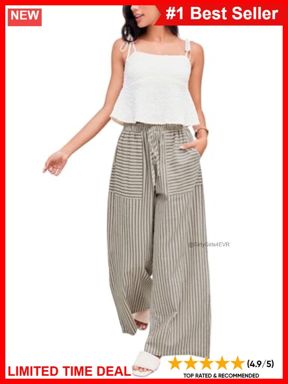 Cotton Striped Wide Leg Palazzo Pants Drawstring Mid Rise Trousers Pockets